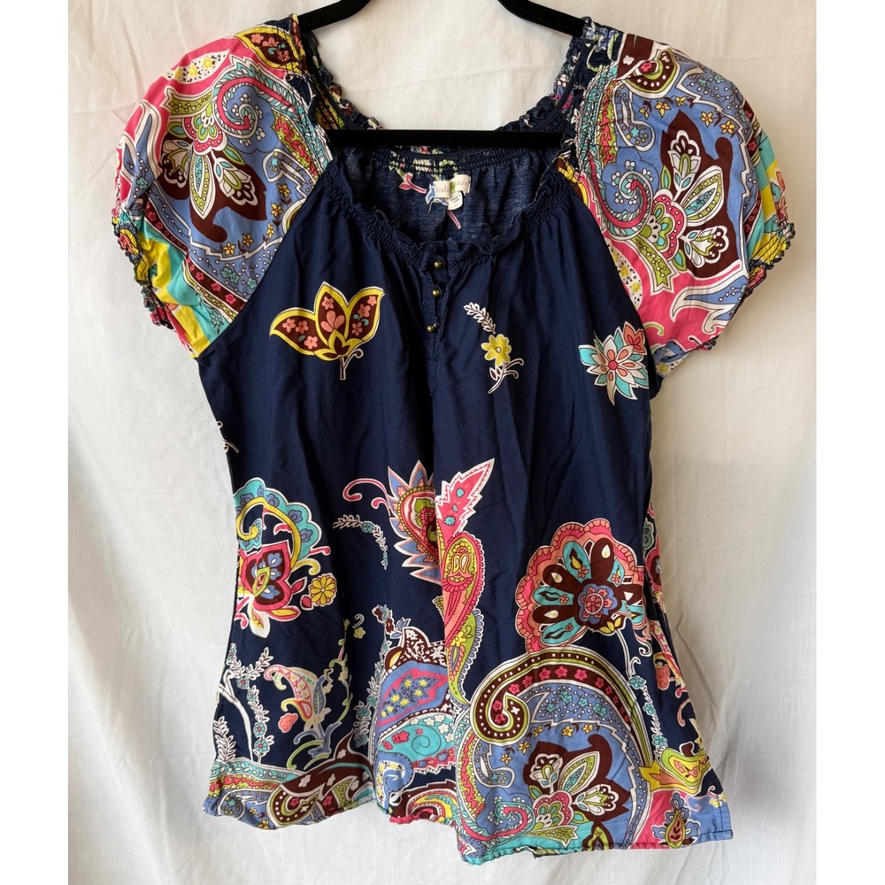 Healing Hands 100% Cotton Top Navy Blue Paisley Floral Smocked Boho Medium